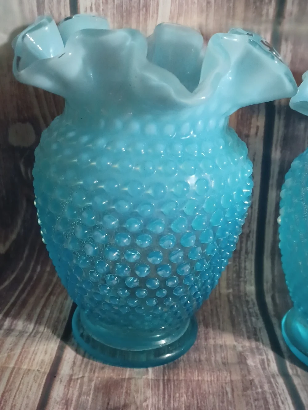 (2))Vintage Fenton Blue Hobnail Vase Crimp Ruffled Edges